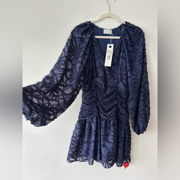NWT Tanya Taylor Eva Navy Blue Burnout Puff Sleeve Shirred Mini Dress Size 4 - Picture 8 of 13